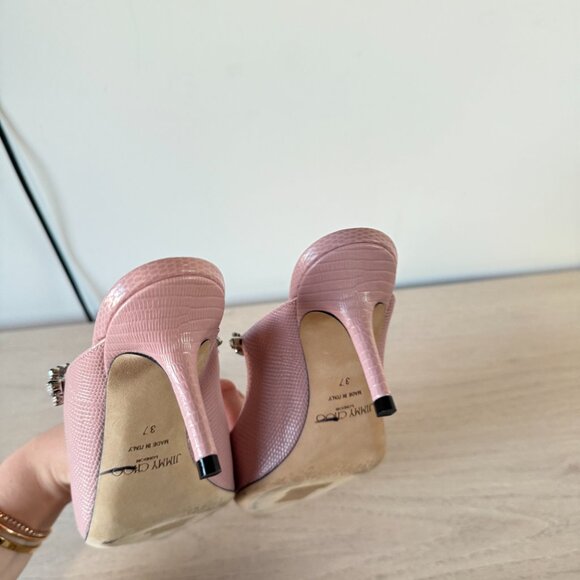 Jimmy Choo Bing 65 Mules Pink Lizard Crystal Embellished Pointed Toe Sz 37 - Picture 10 of 13